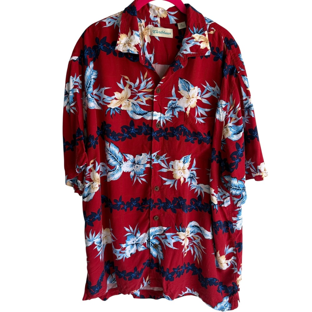 CARIBBEAN Red Tropical Floral‎ Short Sleeve Hawaiian Mens Camp Shirt, XL